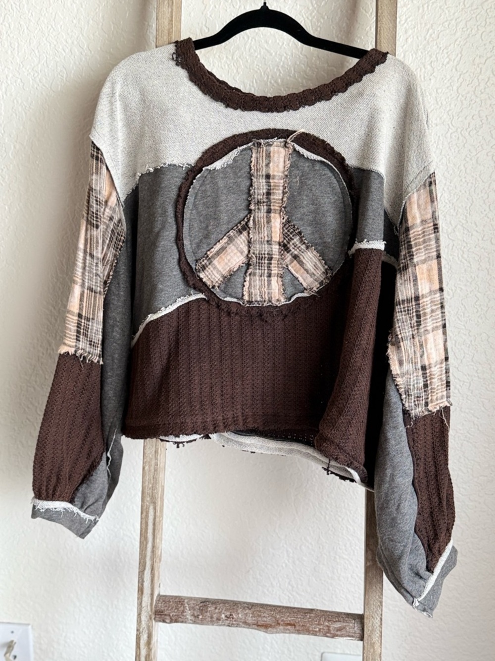 POL Mixed-Media Crewneck Sweater in Gray & Brown with Plaid Patch - Picture 2 of 5